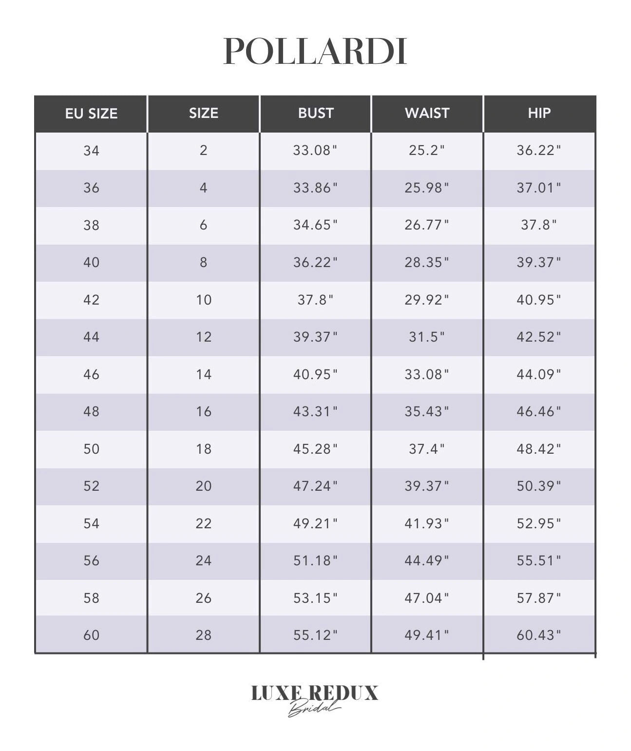 Pollardi Sirius - Size 12 Size Chart