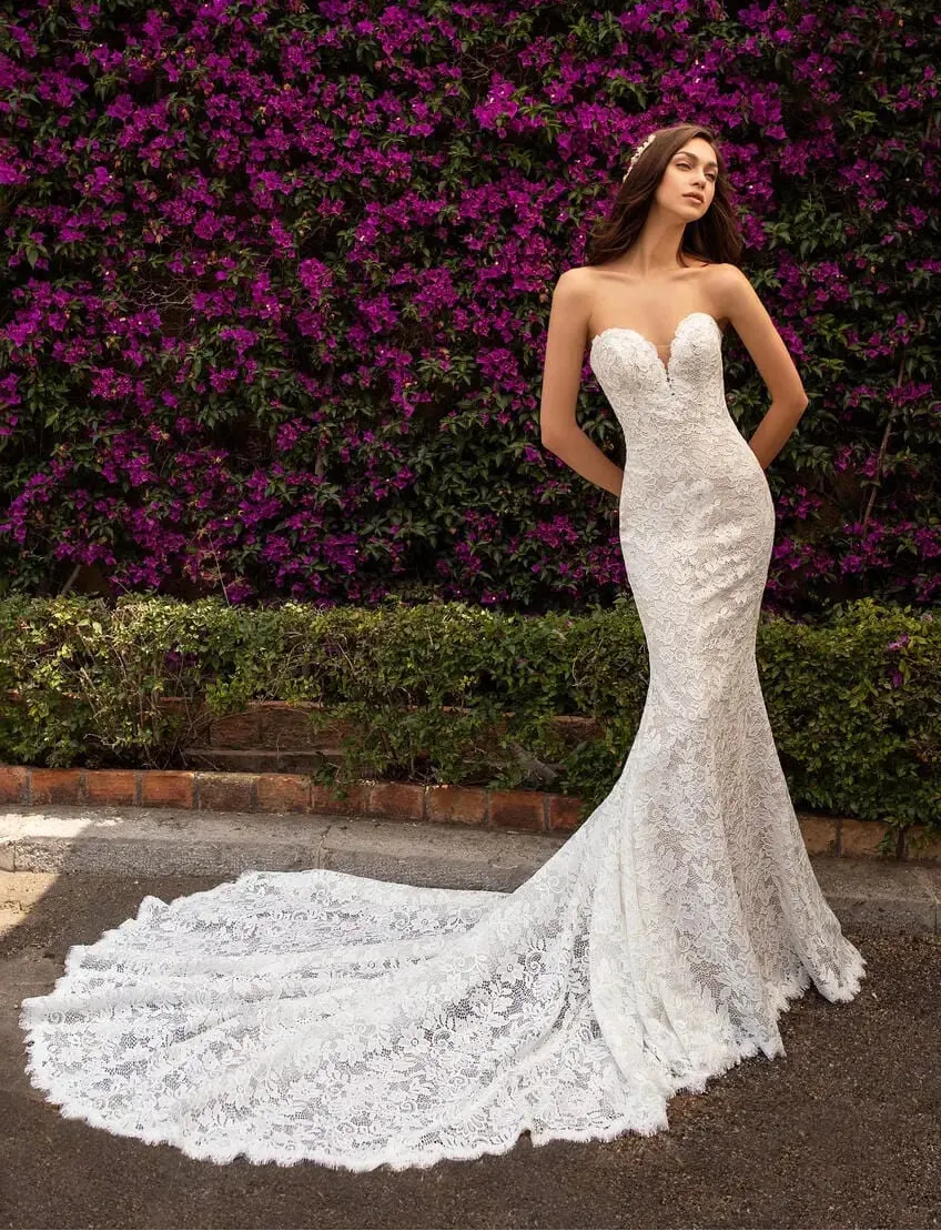 full front of pronovias eithel nude lace fitted wedding dress with a strapless sweetheart neckline