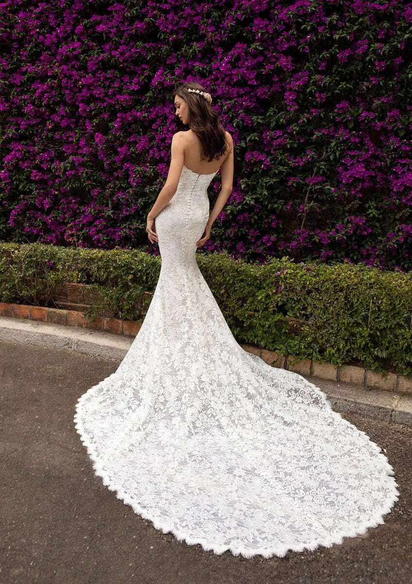 full back of pronovias eithel nude lace fitted wedding dress with a strapless sweetheart neckline