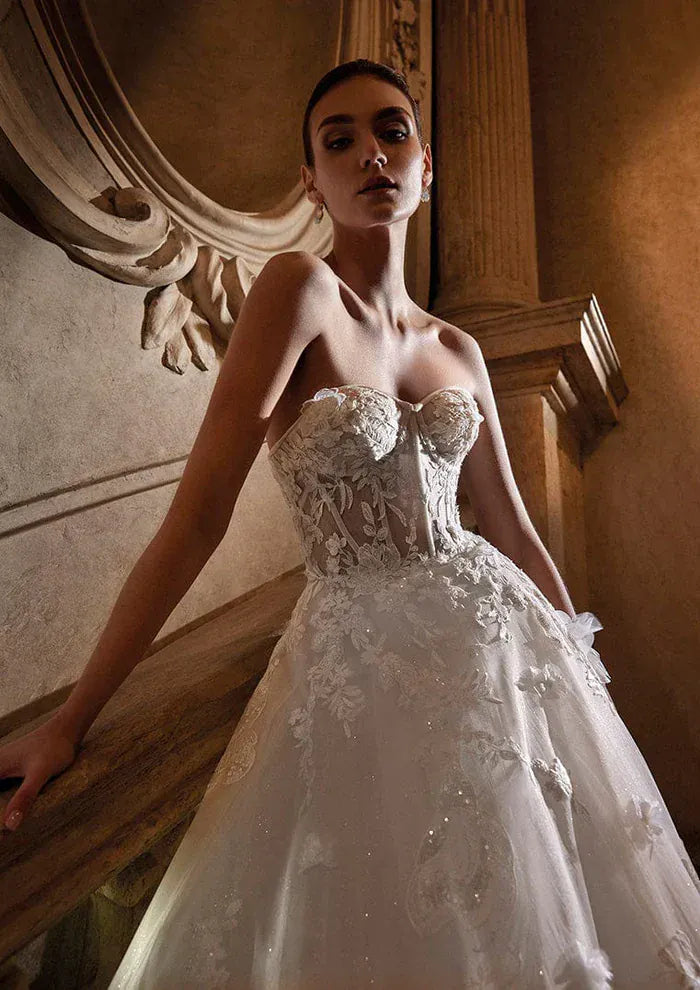 Pronovias Selenite Wedding Dress - Strapless Ball Gown with Corset Bodice, Floral Appliqués and Beading - Size 12