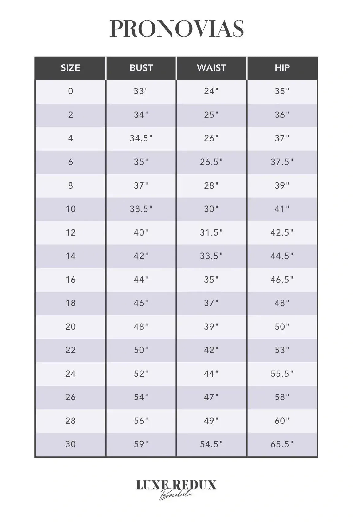 Pronovias Day - Size 20 Size Chart
