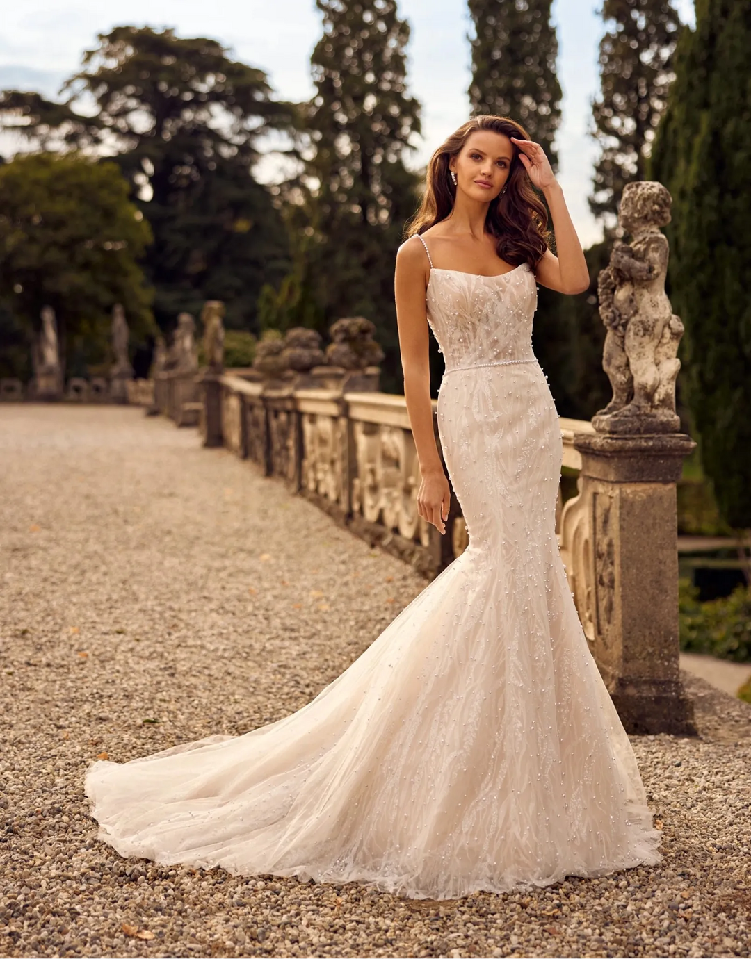 Randy Fenoli Gianna Wedding Dress – Lace Fit and Flare Bridal Gown with Dainty Straps, Pearl Accents, and Scoop Neckline – Size 12 – Luxe Redux Bridal