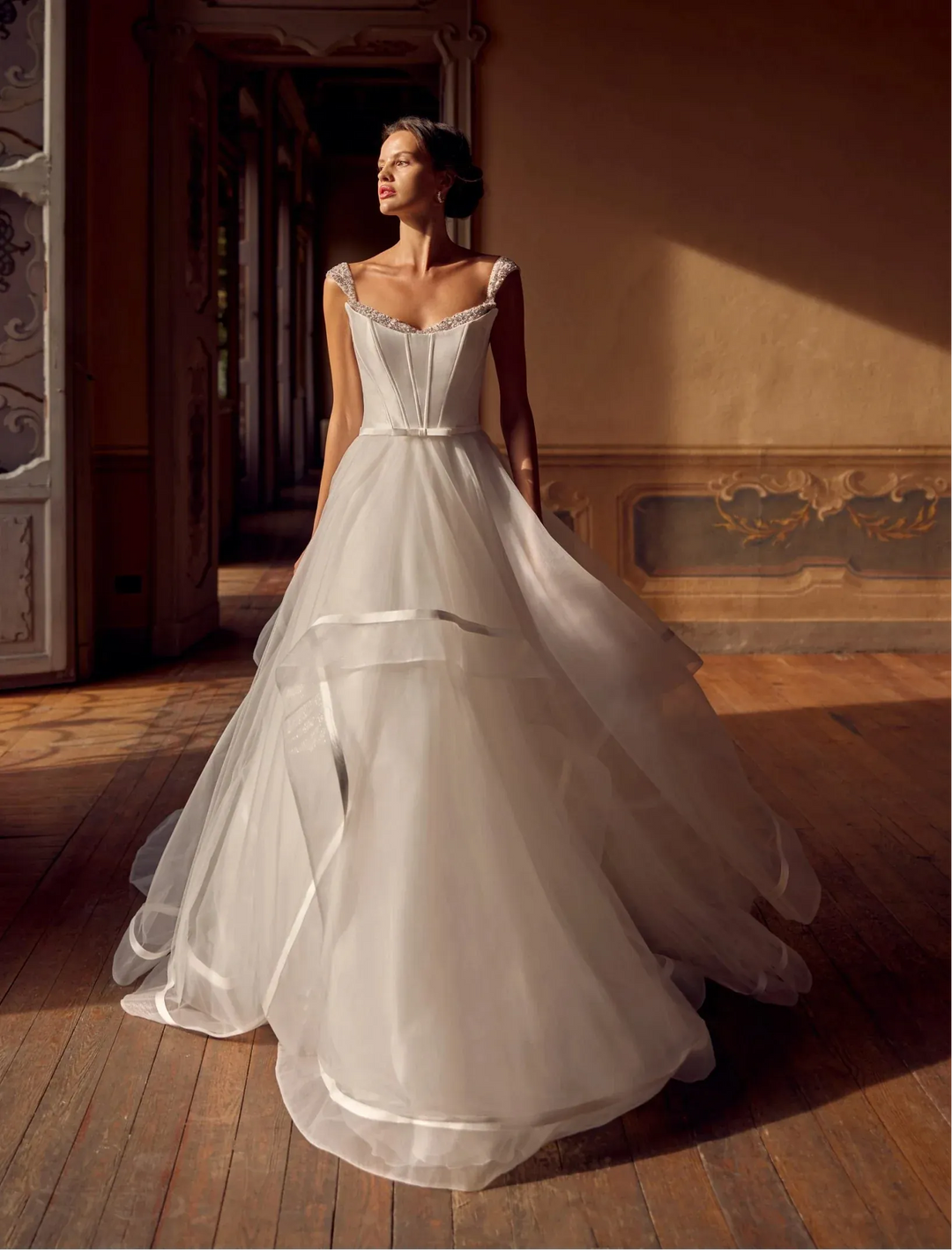 Randy Fenoli Hollis Luxe Wedding Dress – Tulle Ball Gown with Detailed Bodice and Ribbon Trimmed Skirt – Size 8 – Luxe Redux Bridal