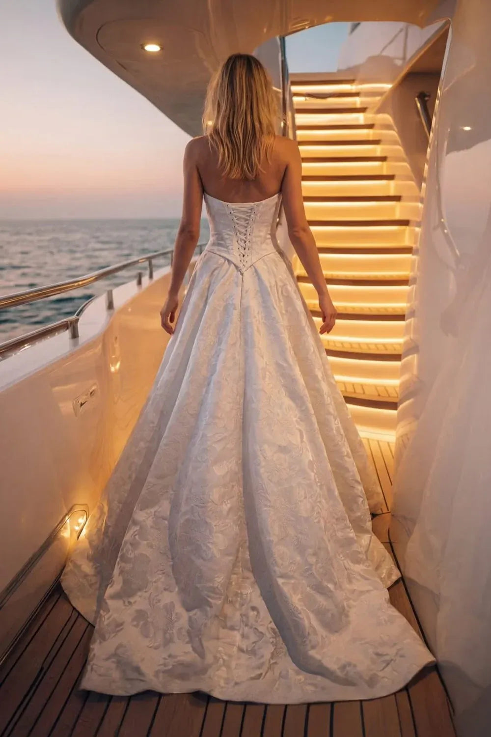 Woman in a white wedding dress walking on a yacht deck at sunset.