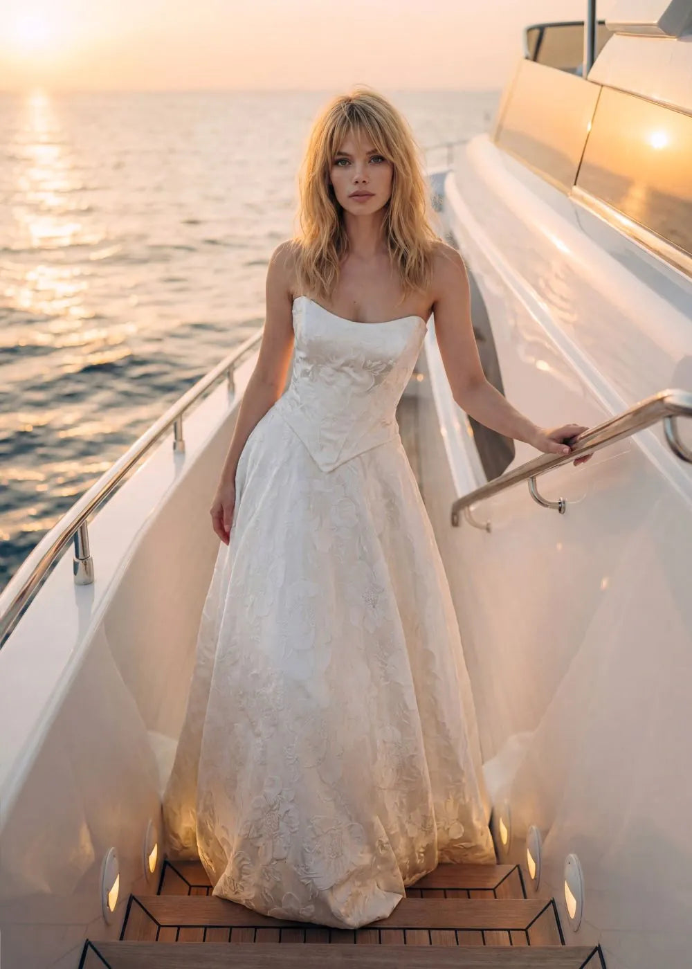 A woman wearing a strapless white lace wedding gown stands on the deck of a yacht at sunset, with ocean water and warm golden light in the background.