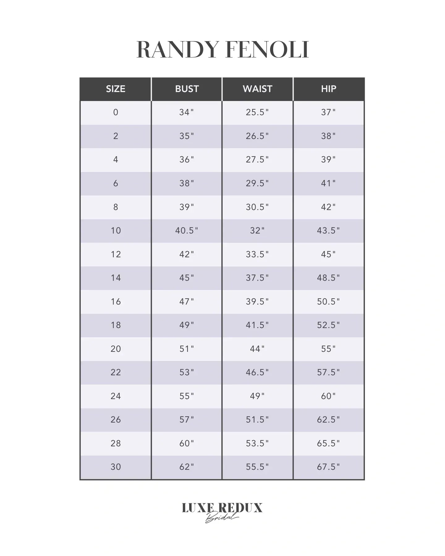 Randy Fenoli Indy - Size 4 Size Chart