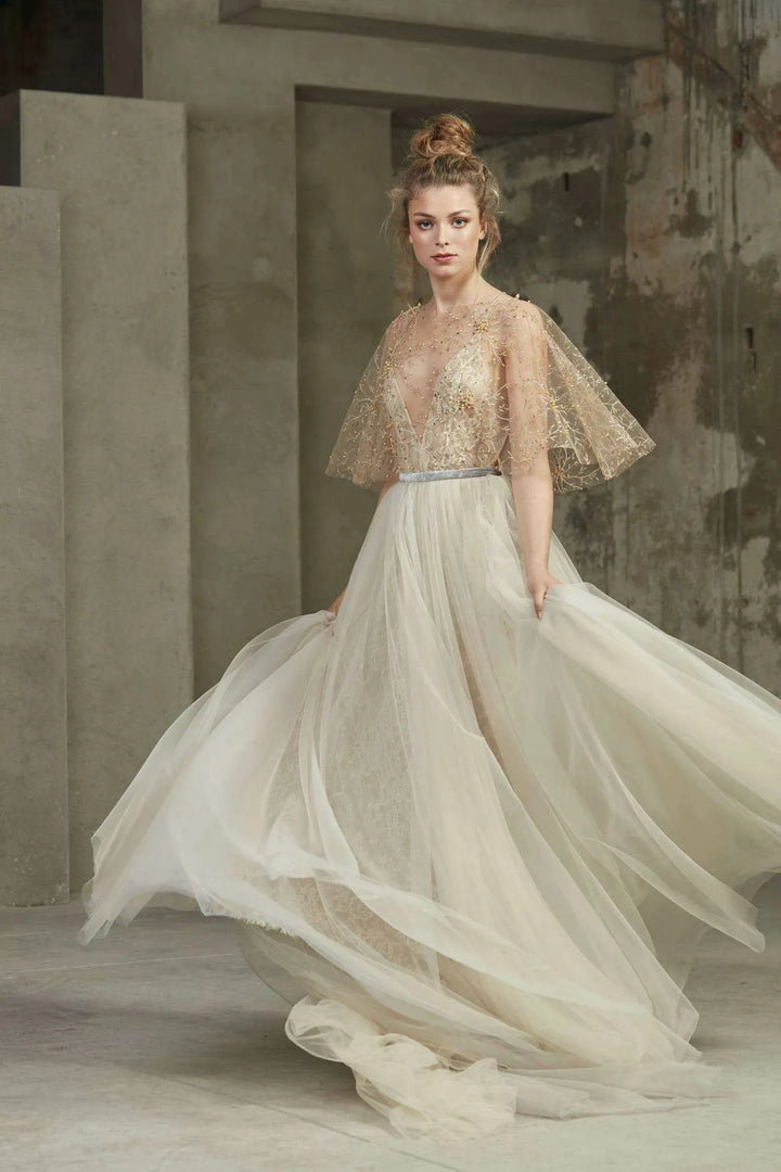 full front of rara avis holli tulle a-line bridal set with a deep neckline and matching gold topper