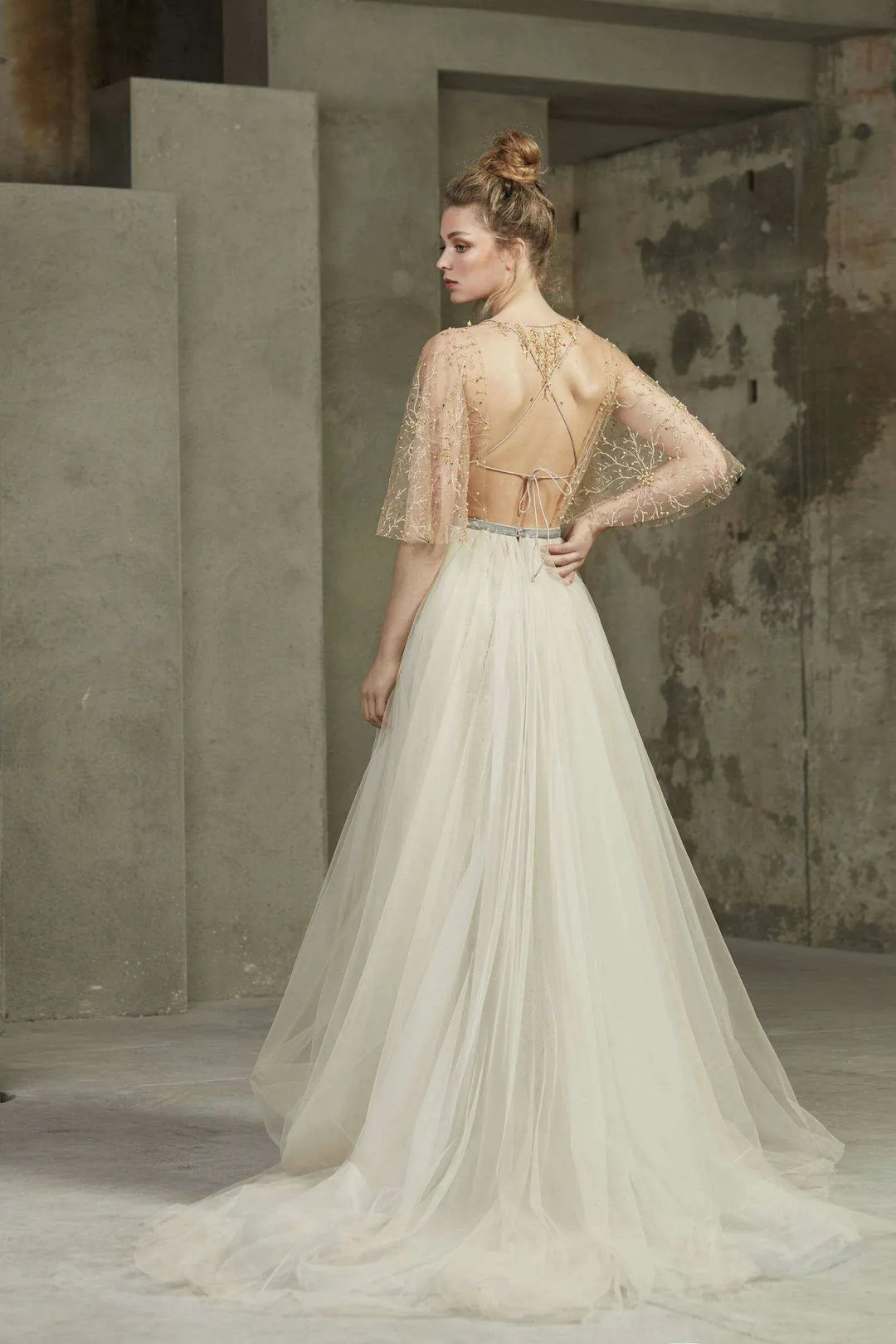 full back of rara avis holli tulle a-line bridal set with a strappy back and short train