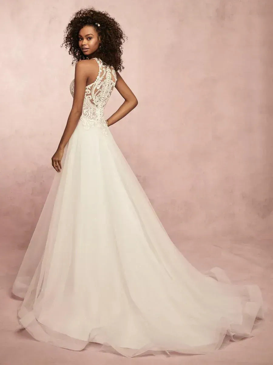 full back of rebecca ingram ardelle ivory tulle a-line wedding dress with a lace bodice and simple chapel length train