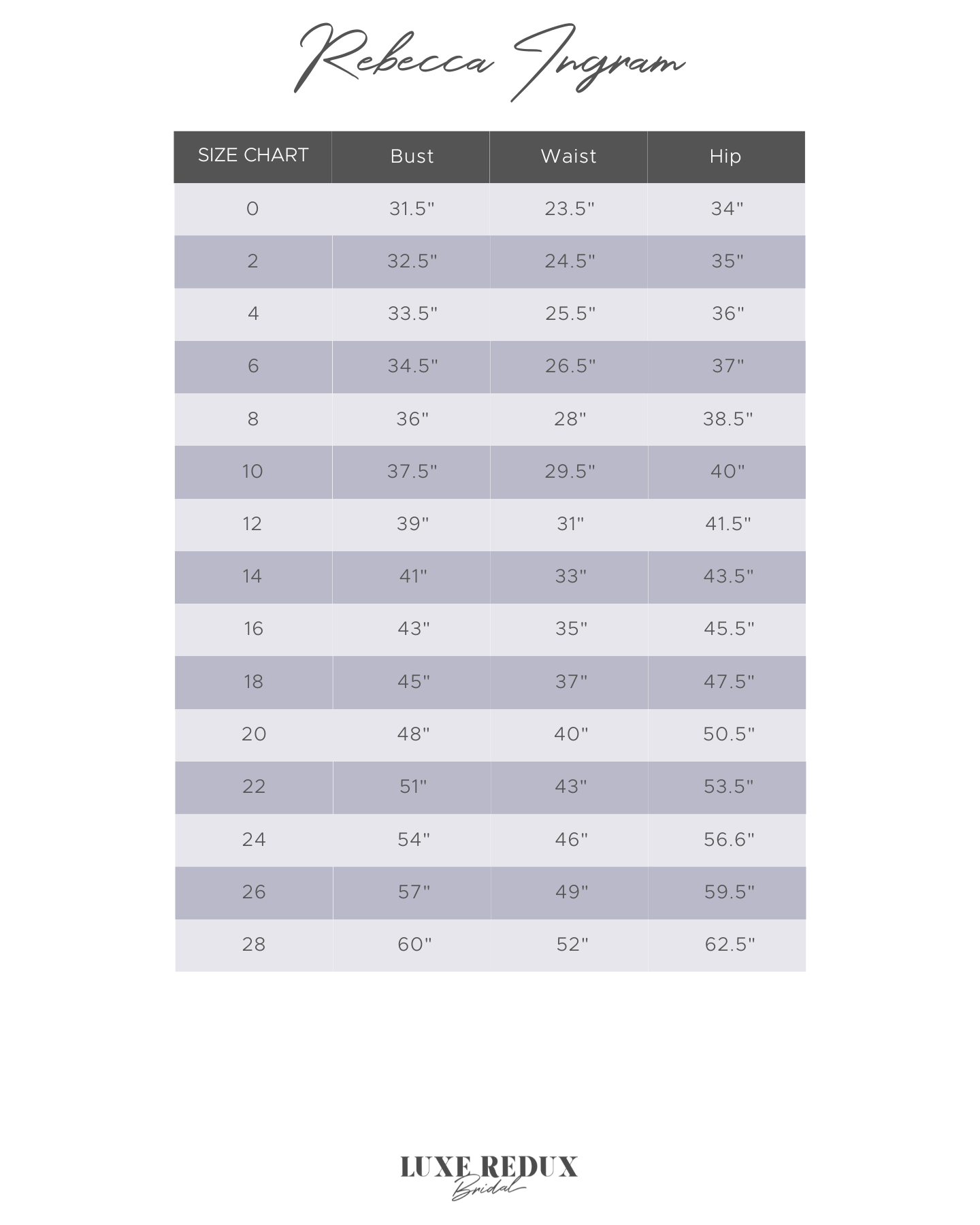 Rebecca Ingram Emily Lynette - Size 20 Size Chart