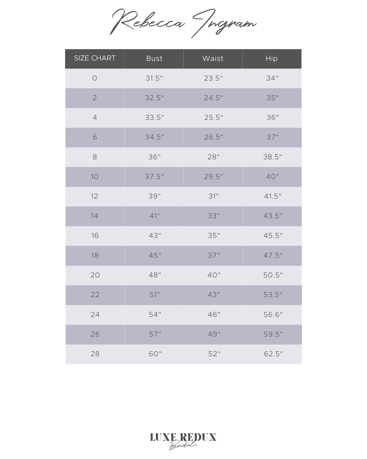 Rebecca Ingram Ardelle - Size 22 Size Chart