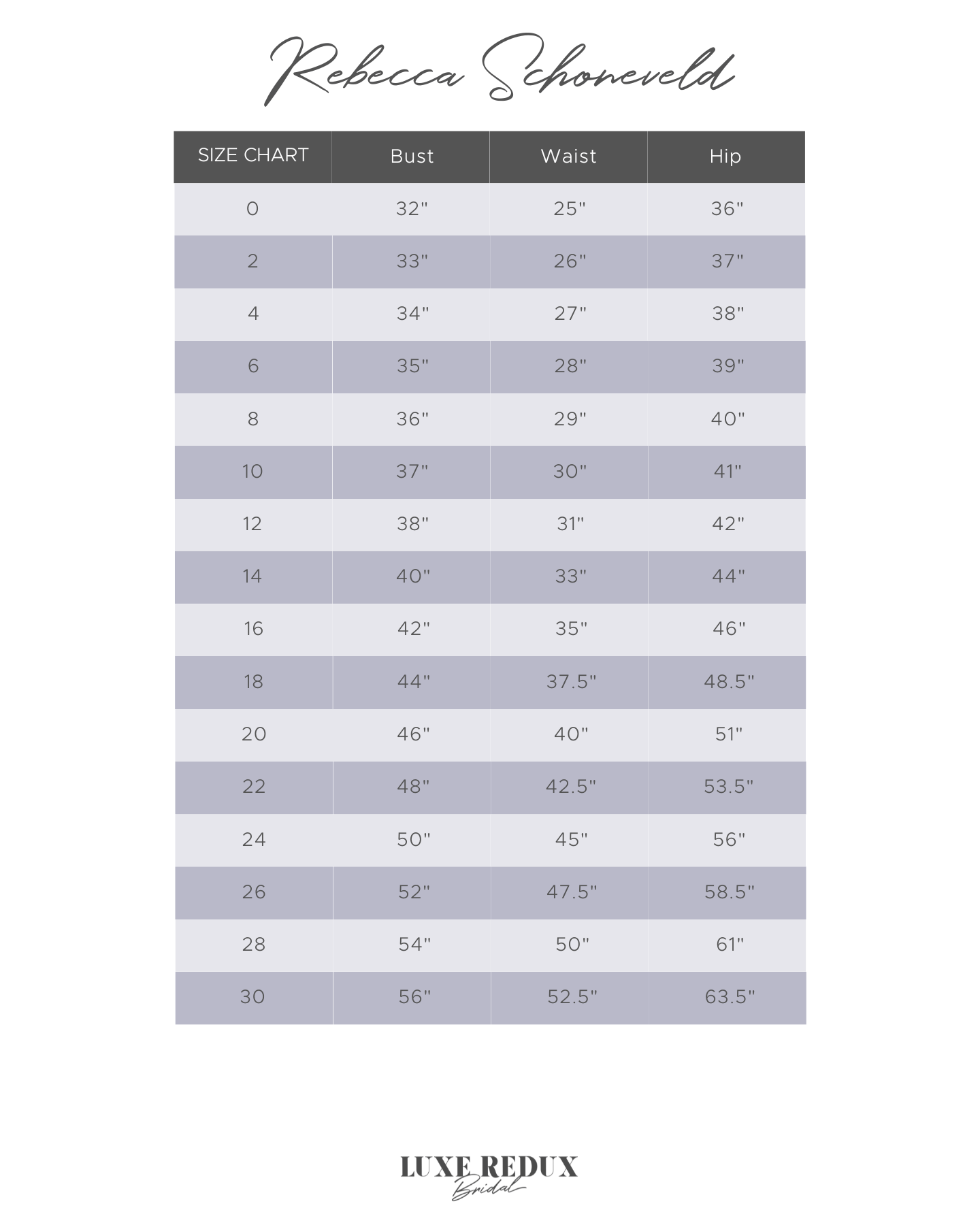 Rebecca Schoneveld Orleans - Size 20 Size Chart