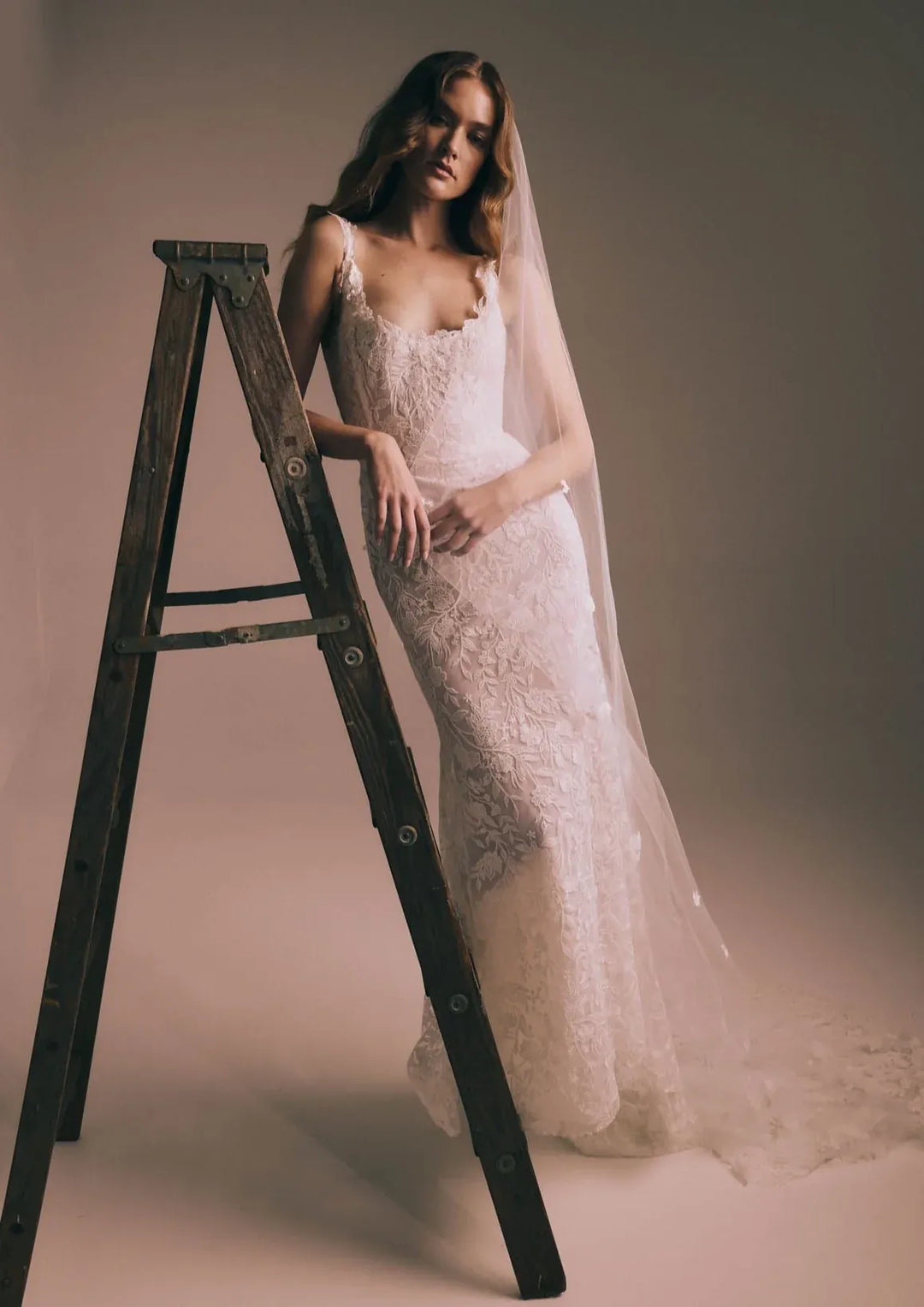 full front of renhue aster ivory lace fitted wedding dress with a scoop neckline