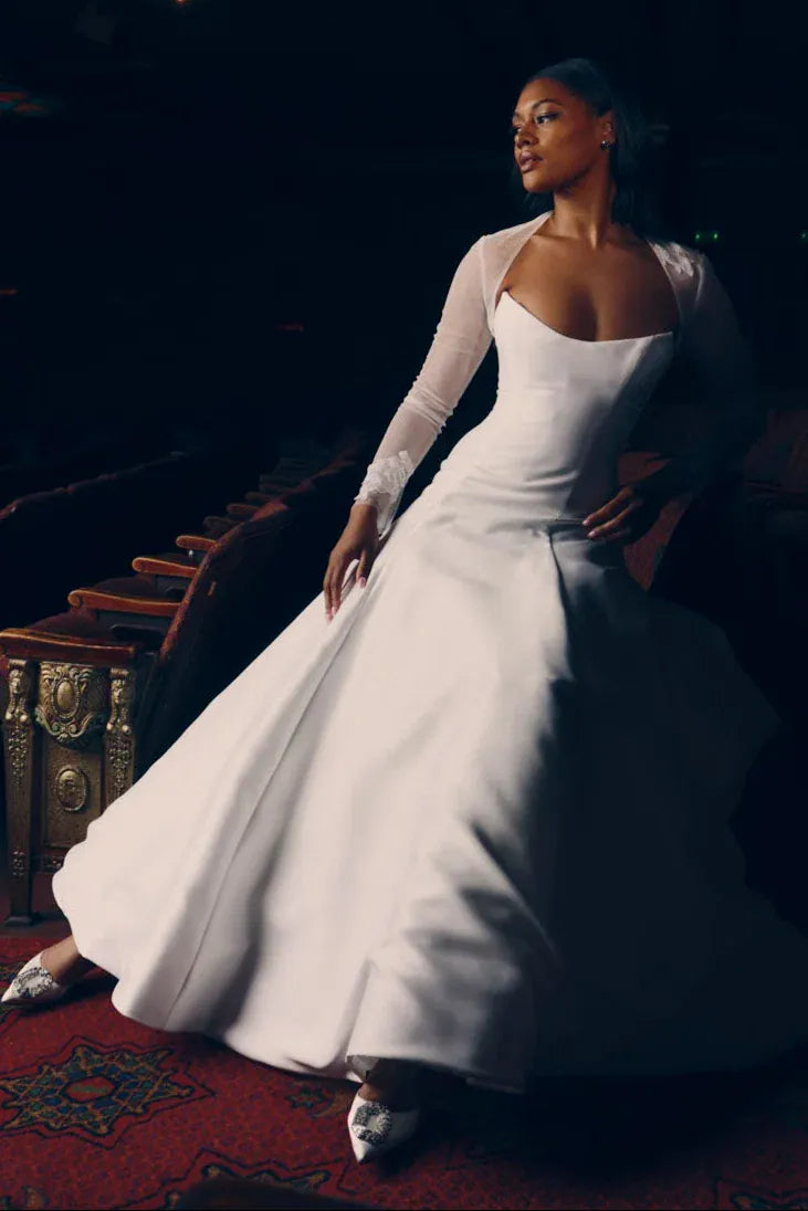 front of renhue ella ivory mikado a-line wedding dress showing the flared a-line skirt