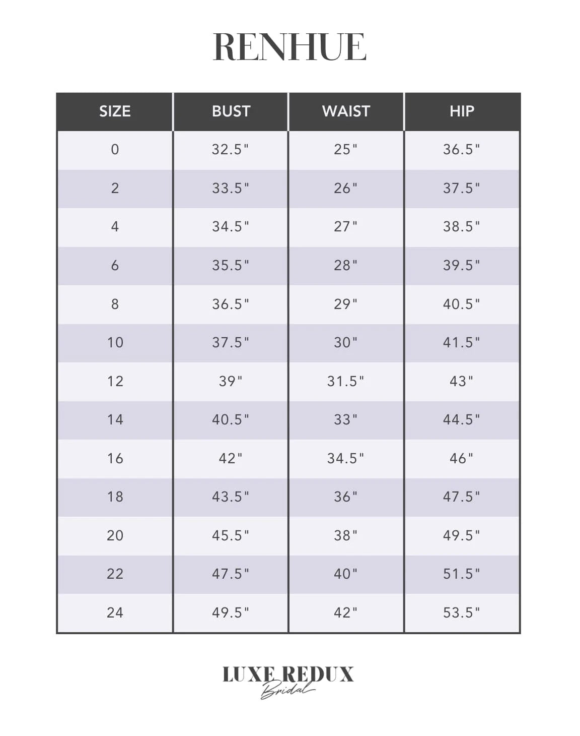 Renhue Celia RH080 - Size 12 Size Chart