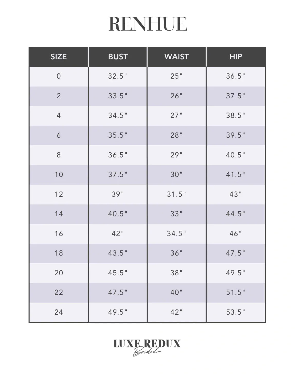 Renhue Harlow [Strapless] - Size 6/4/4 Size Chart