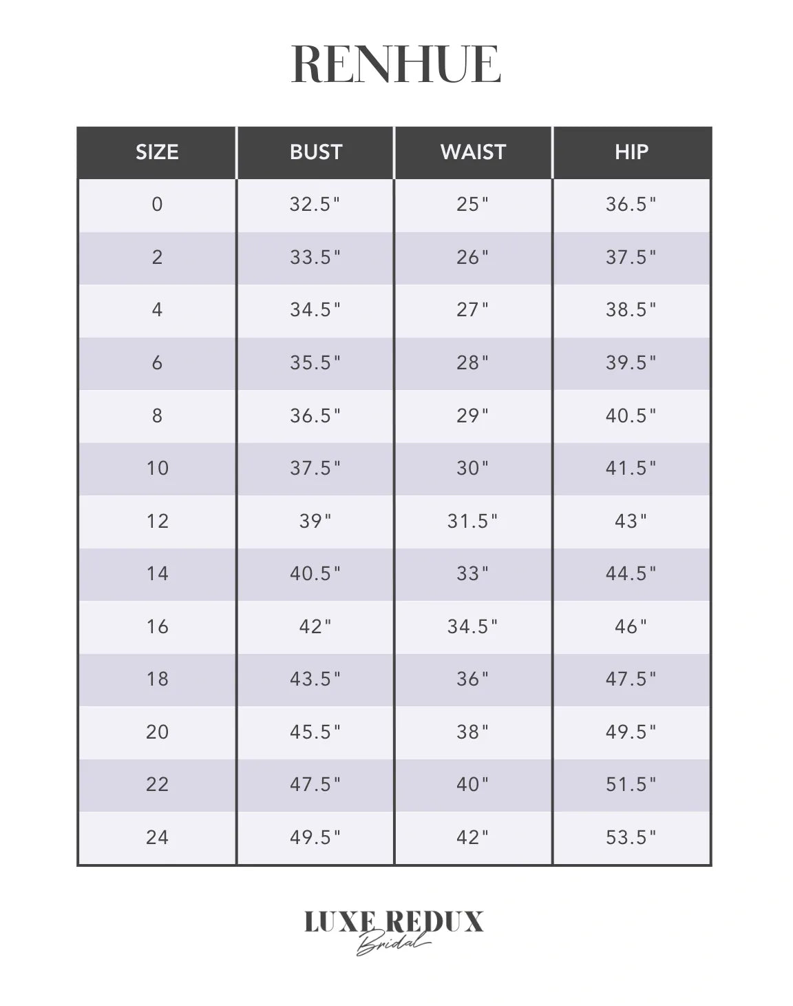 Renhue Ella RH185 - Size 6 Size Chart