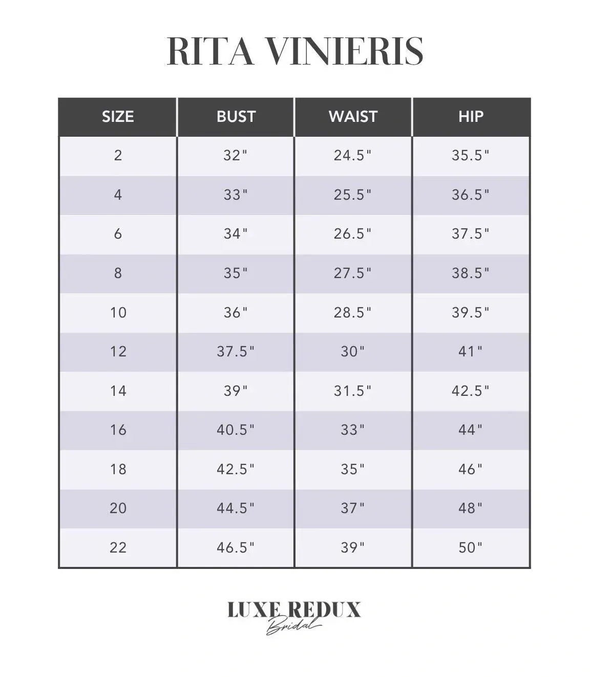 Rita Vinieris Hailey - Size 10 Size Chart