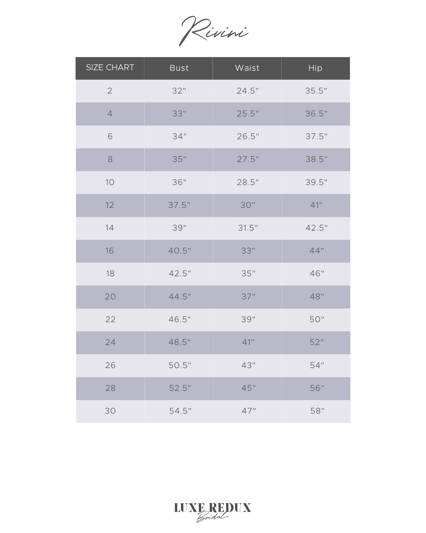 Rivini Lottie - Size 14 Size Chart