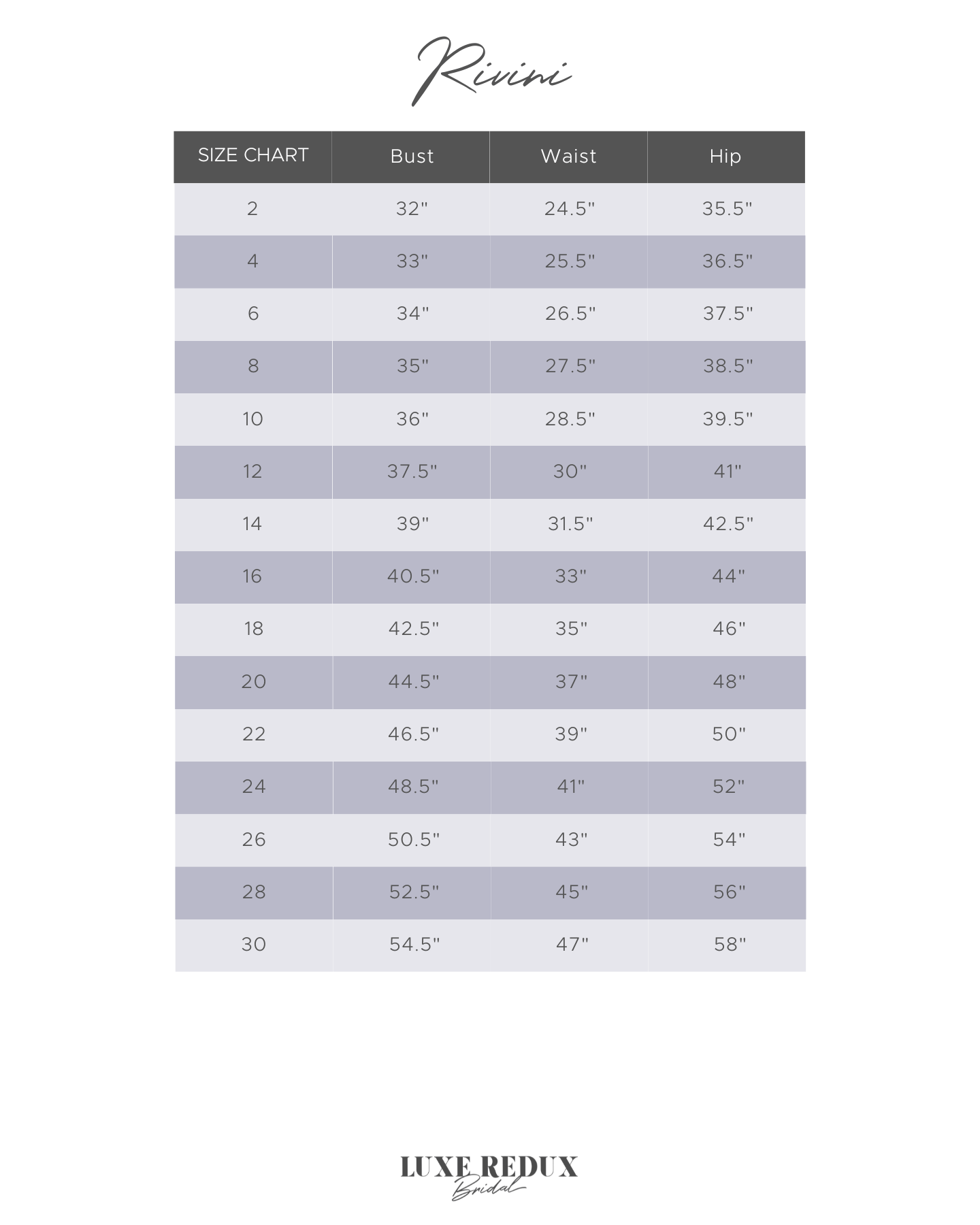 Rivini Cecilia - Size 12 Size Chart