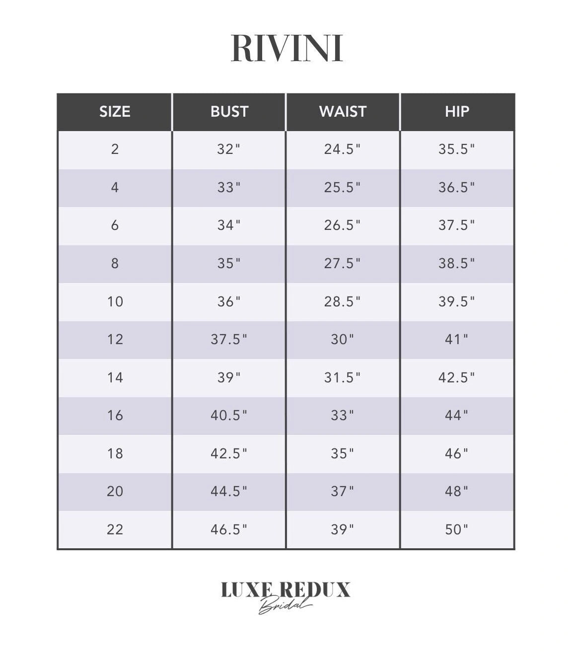 Rivini Wren - Size 12 Size Chart