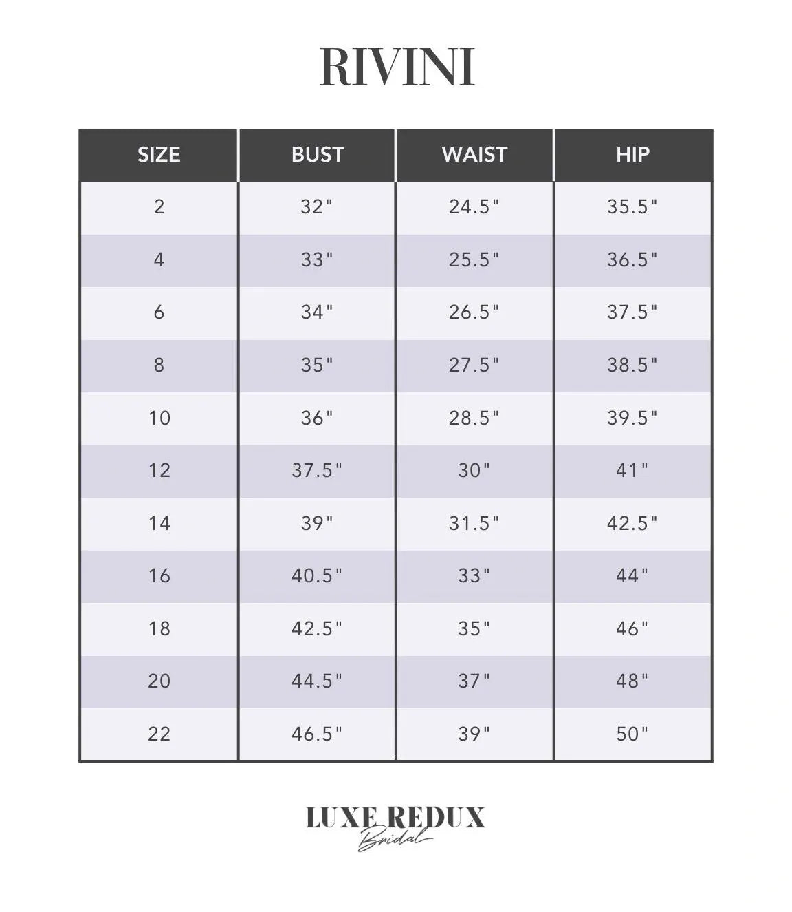Rivini Phoebe - Size 12 Size Chart