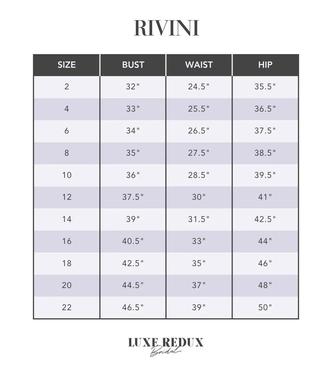 Rivini Kyoto - Size 14 Size Chart