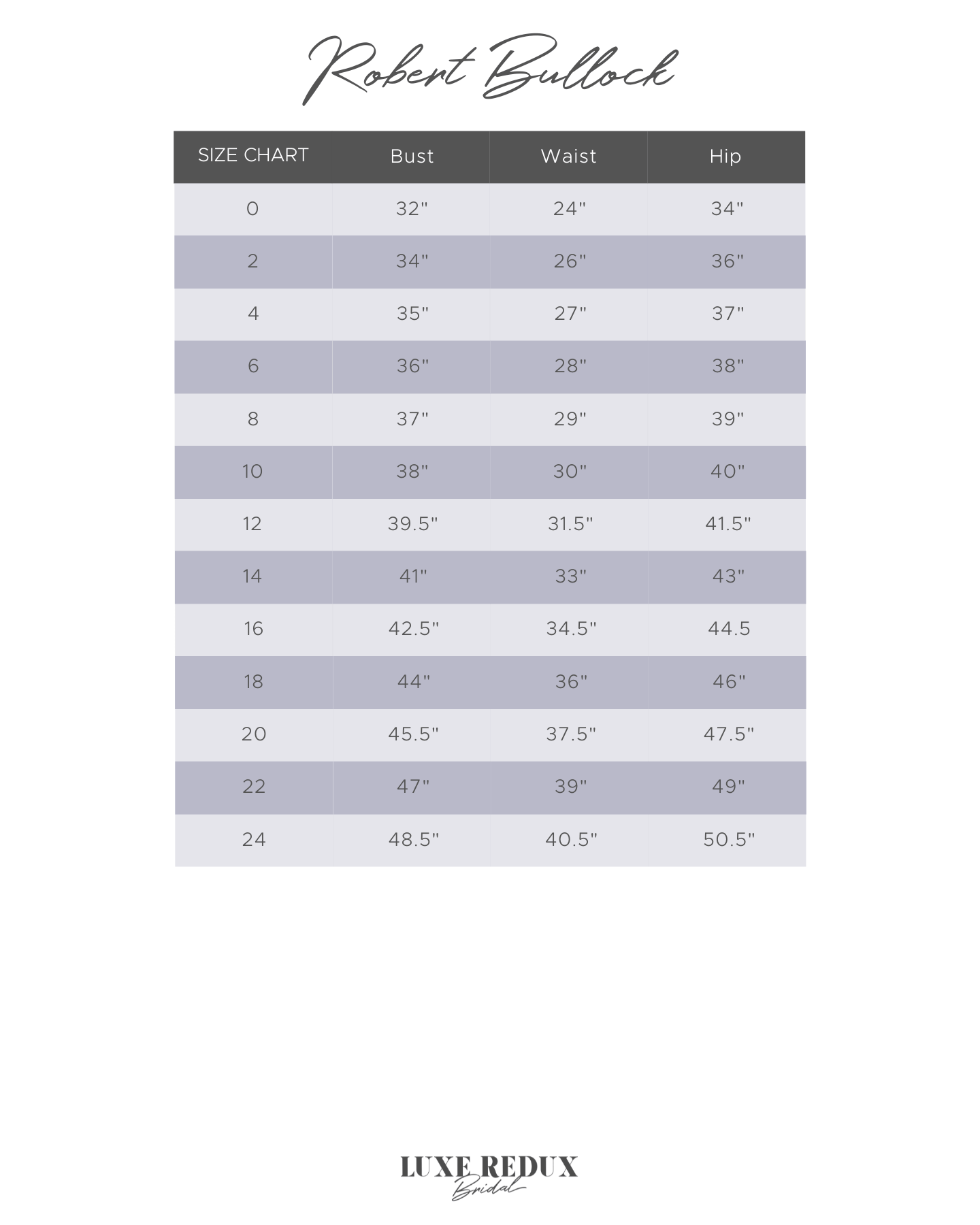 Robert Bullock Lovebird - Size 8 Size Chart