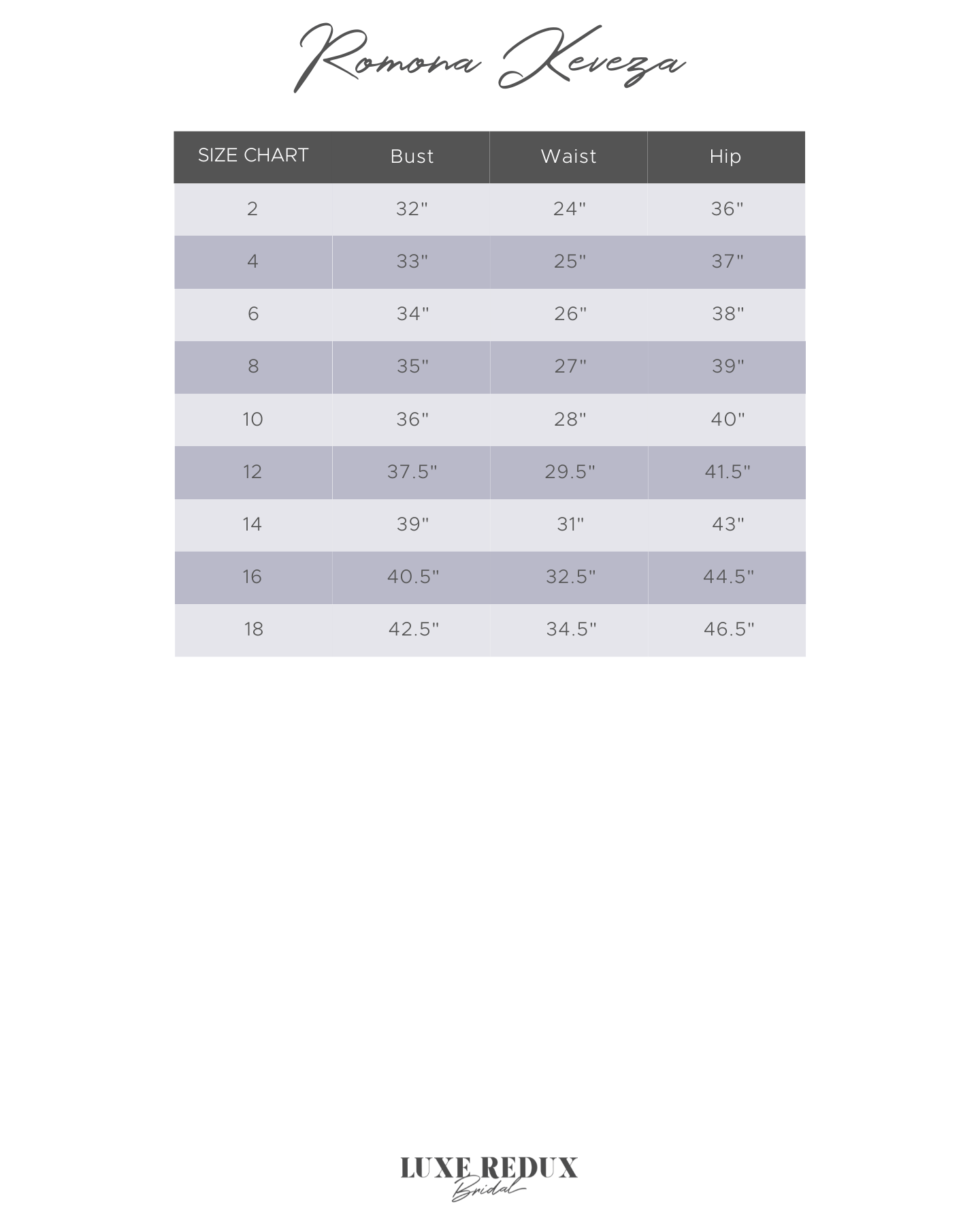 Romona Keveza L8154 - Size 10 Size Chart