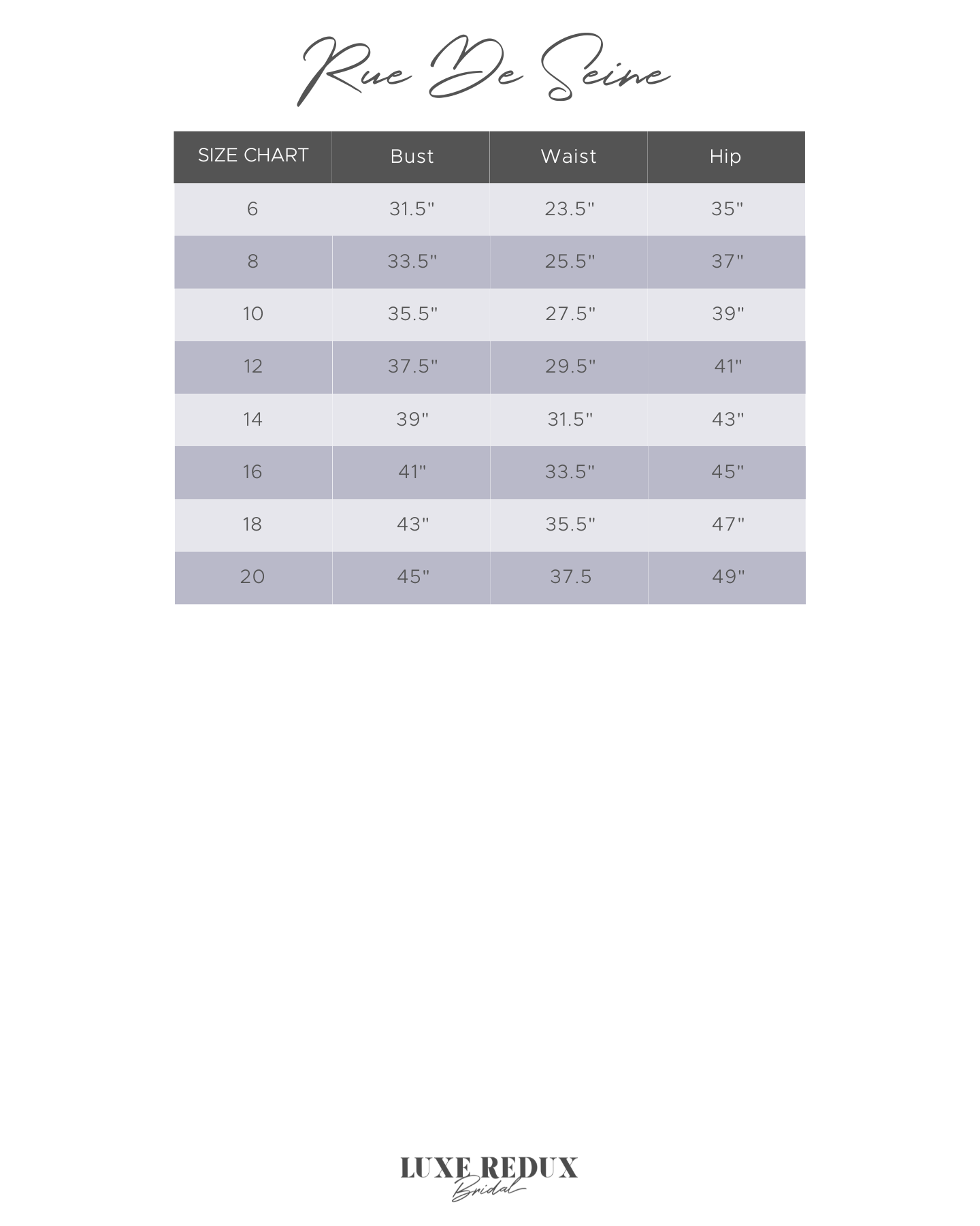 Rue De Seine Valley Haze - Size 18 Size Chart