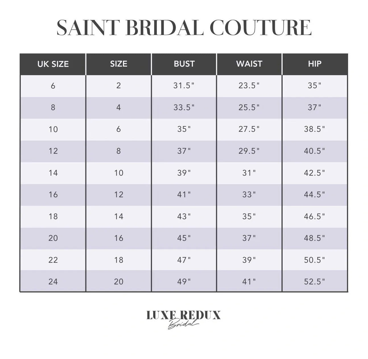 Saint Bridal Couture Louise - Size 16 Size Chart