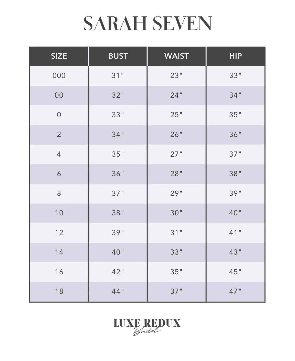 Sarah Seven Grace - Size 8 Size Chart