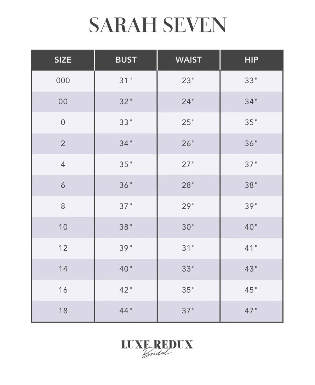Close up of Sarah Seven Grace crepe A line wedding dress size chart with square neckline and cap sleeves