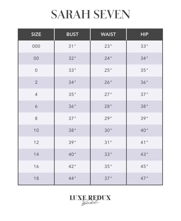 Close up of Sarah Seven Grace crepe A line wedding dress size chart with square neckline and cap sleeves