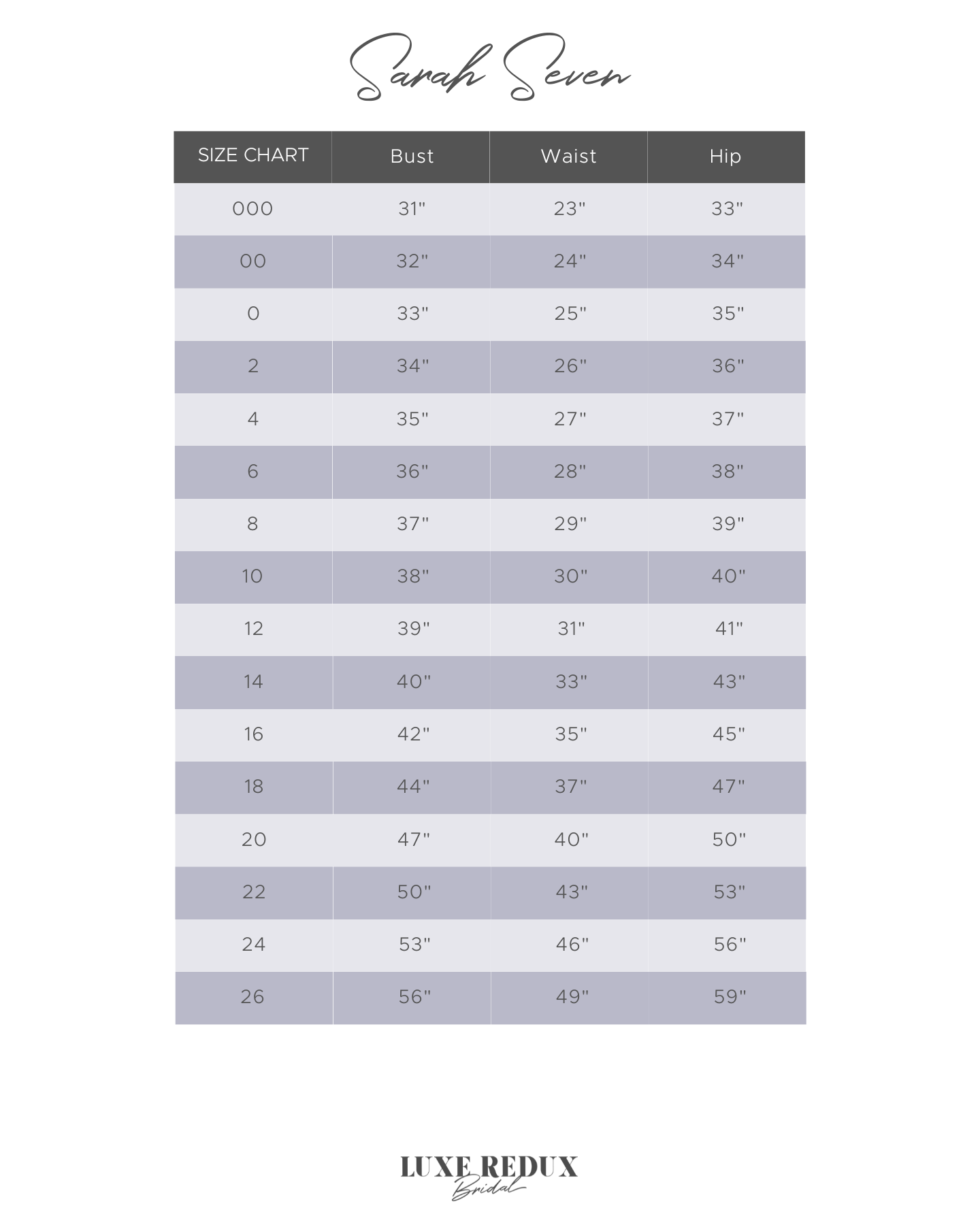 Bride by Sarah Seven Landon - Size 12 Size Chart