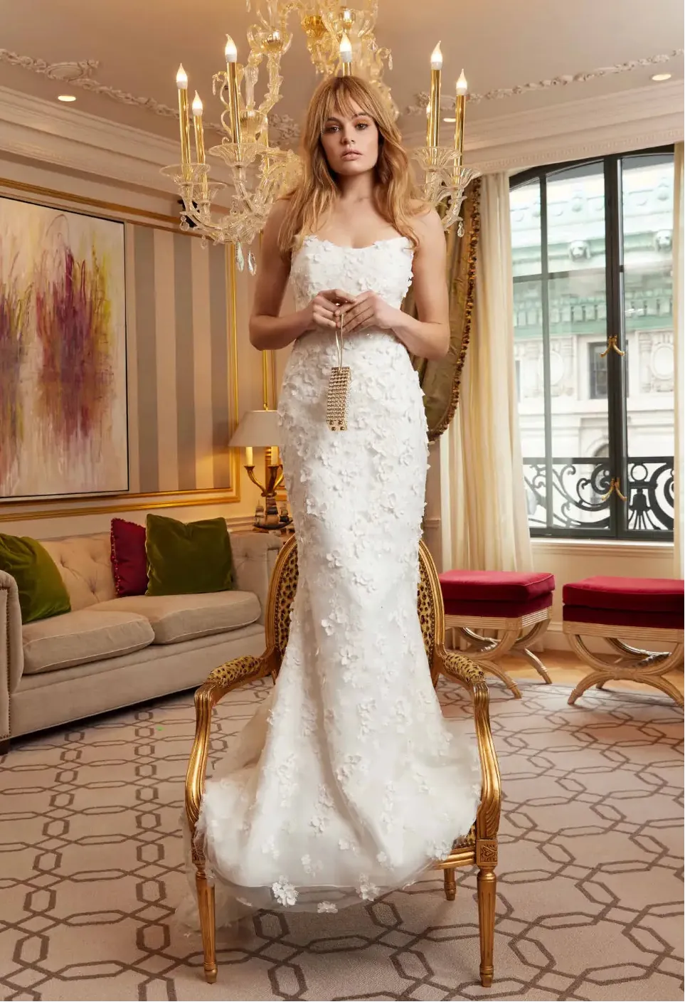 front of sareh nouri enchantment ivory lace fitted wedding dress showing the full front, with the strapless scoop neckline and dimensional appliques