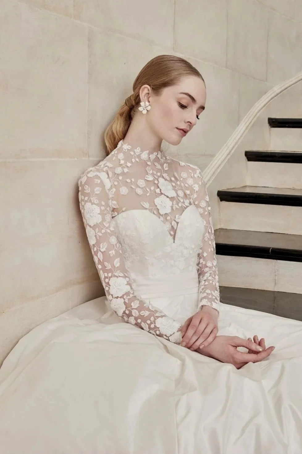Sareh Nouri Mary Catherine Wedding Dress Long Sleeve Ball Gown with High Neck Floral Lace Topper Size 10 Luxe Redux Bridal Sareh Nouri Mary Catherine Wedding Dress Long Sleeve Ball Gown with High Neck Floral Lace Topper Size 10 Luxe Redux Bridal