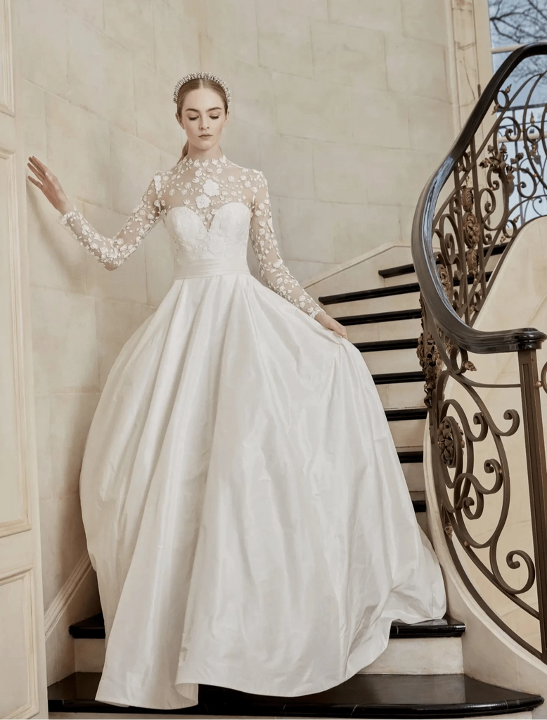 Sareh Nouri Mary Catherine Wedding Dress Long Sleeve Ball Gown with High Neck Floral Lace Topper Size 10 Luxe Redux Bridal Sareh Nouri Mary Catherine Wedding Dress Long Sleeve Ball Gown with High Neck Floral Lace Topper Size 10 Luxe Redux Bridal