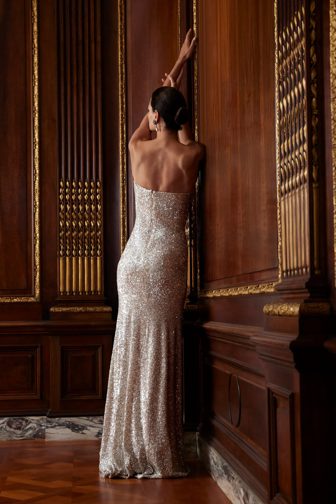 back of sareh nouri silver starry night beaded fit and flare wedding dress with zip up back and floor length skirt