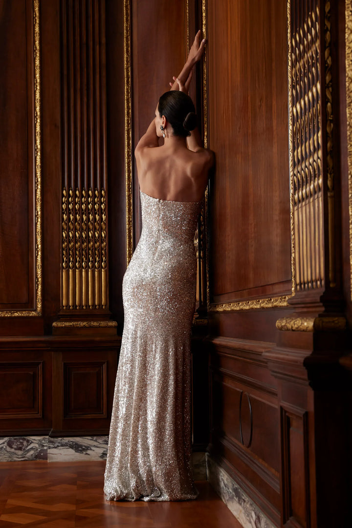 back of sareh nouri silver starry night beaded fit and flare wedding dress with zip up back and floor length skirt