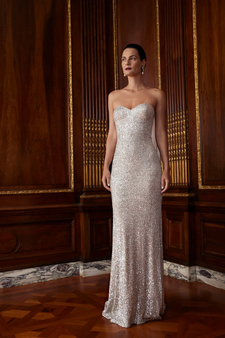 front of sareh nouri silver starry night beaded fit and flare wedding dress with strapless sweetheart neckline