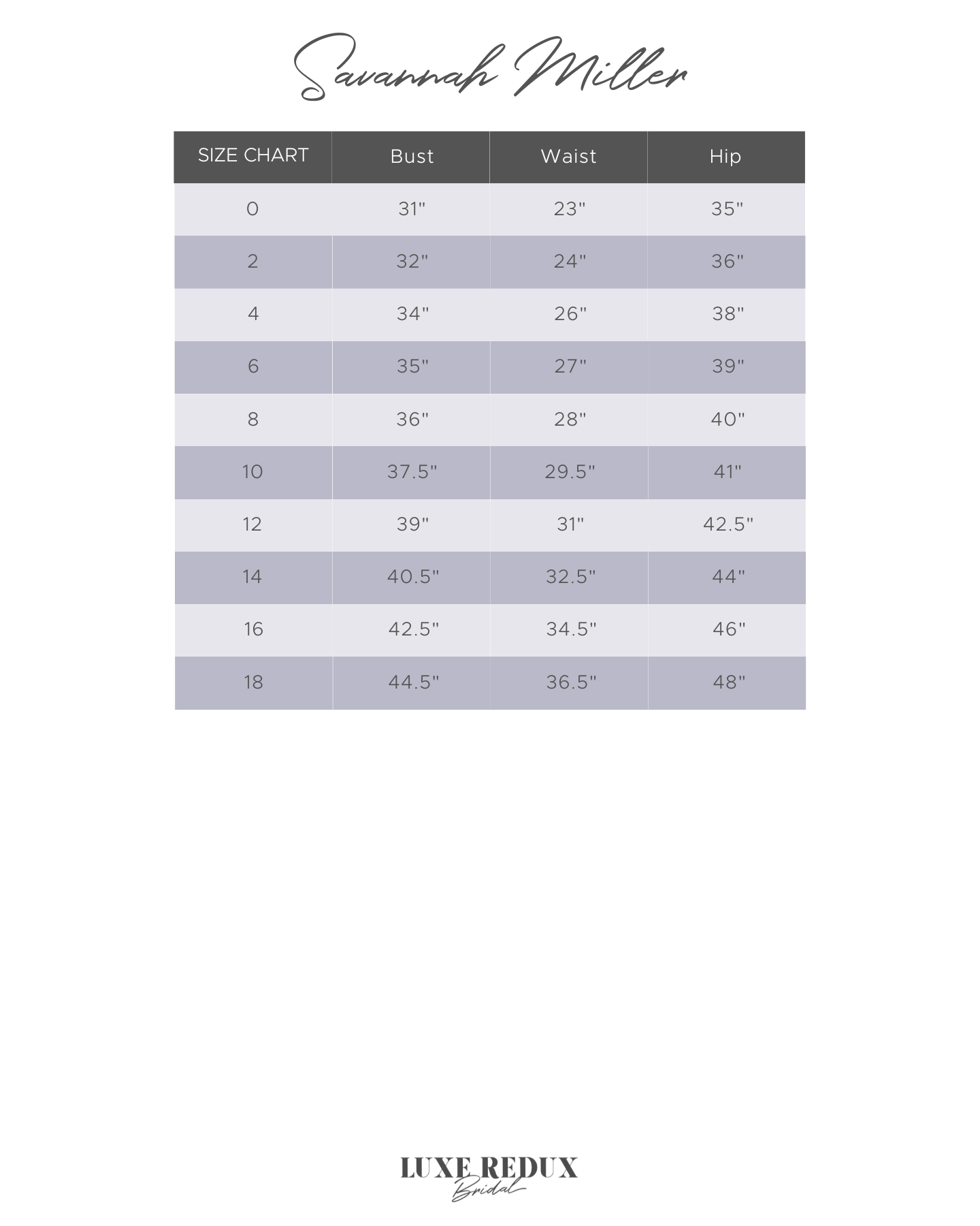 Savannah Miller Gia - Size 8 Size Chart