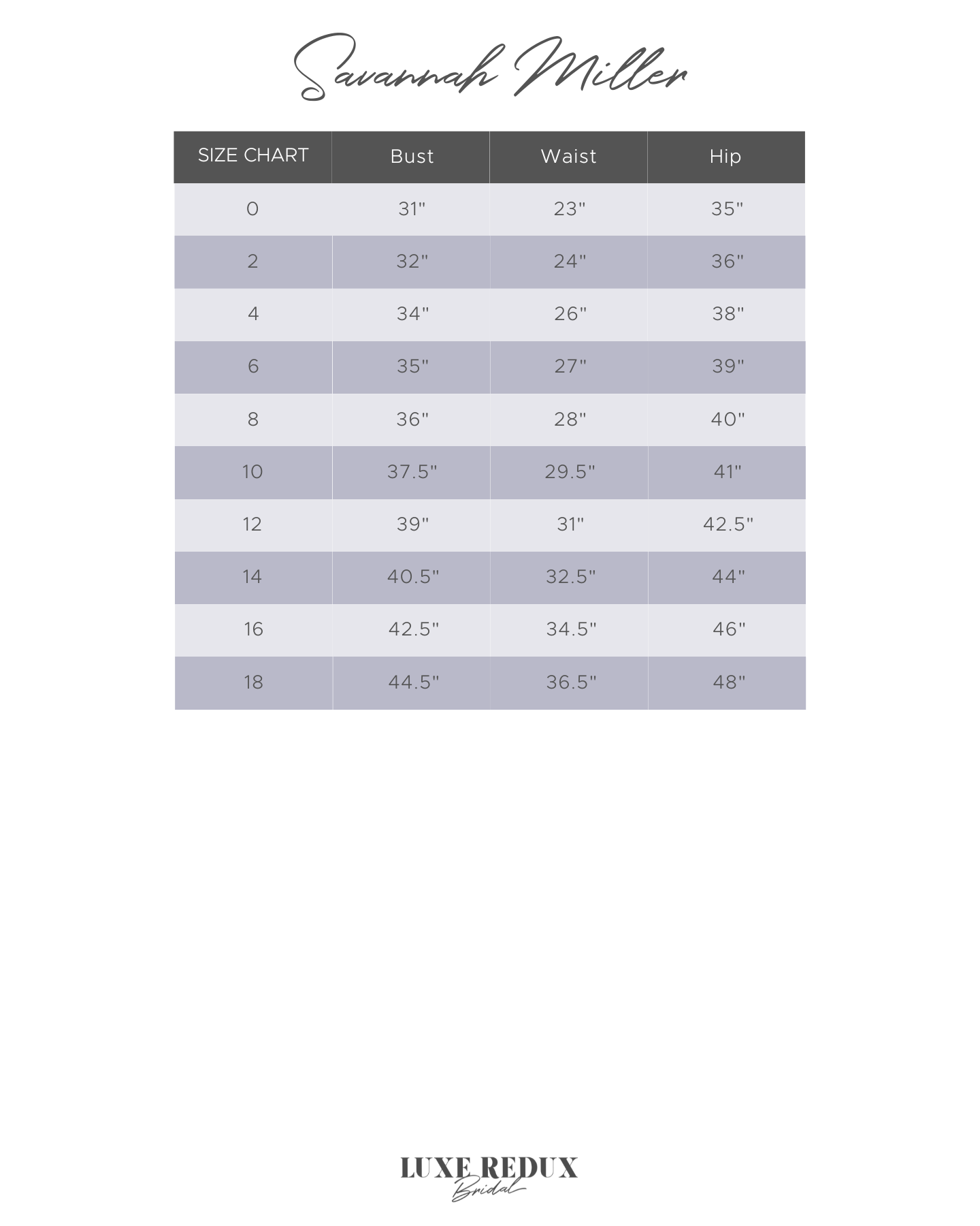 Savannah Miller Stevie - Size 12 Size Chart