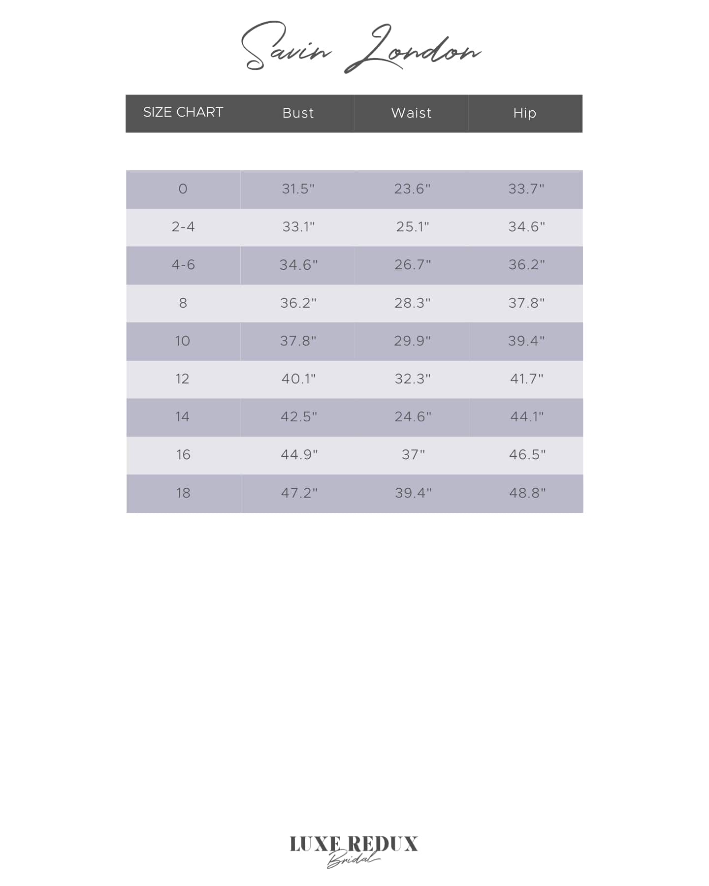 Savin London Willa - Size 14 Size Chart