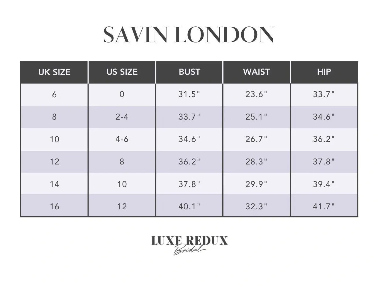 Savin London Gabrielle - Size 8 Size Chart