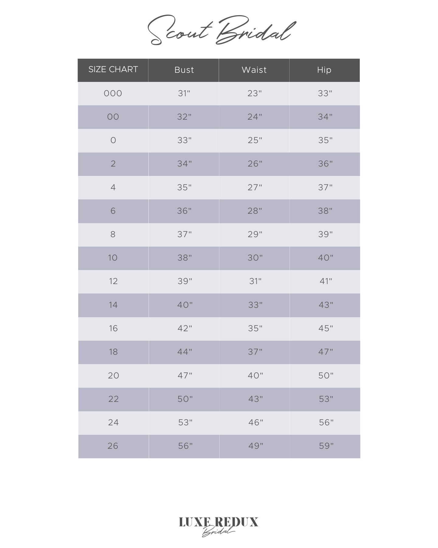 Scout Bridal Sunset - Size 8 Size Chart