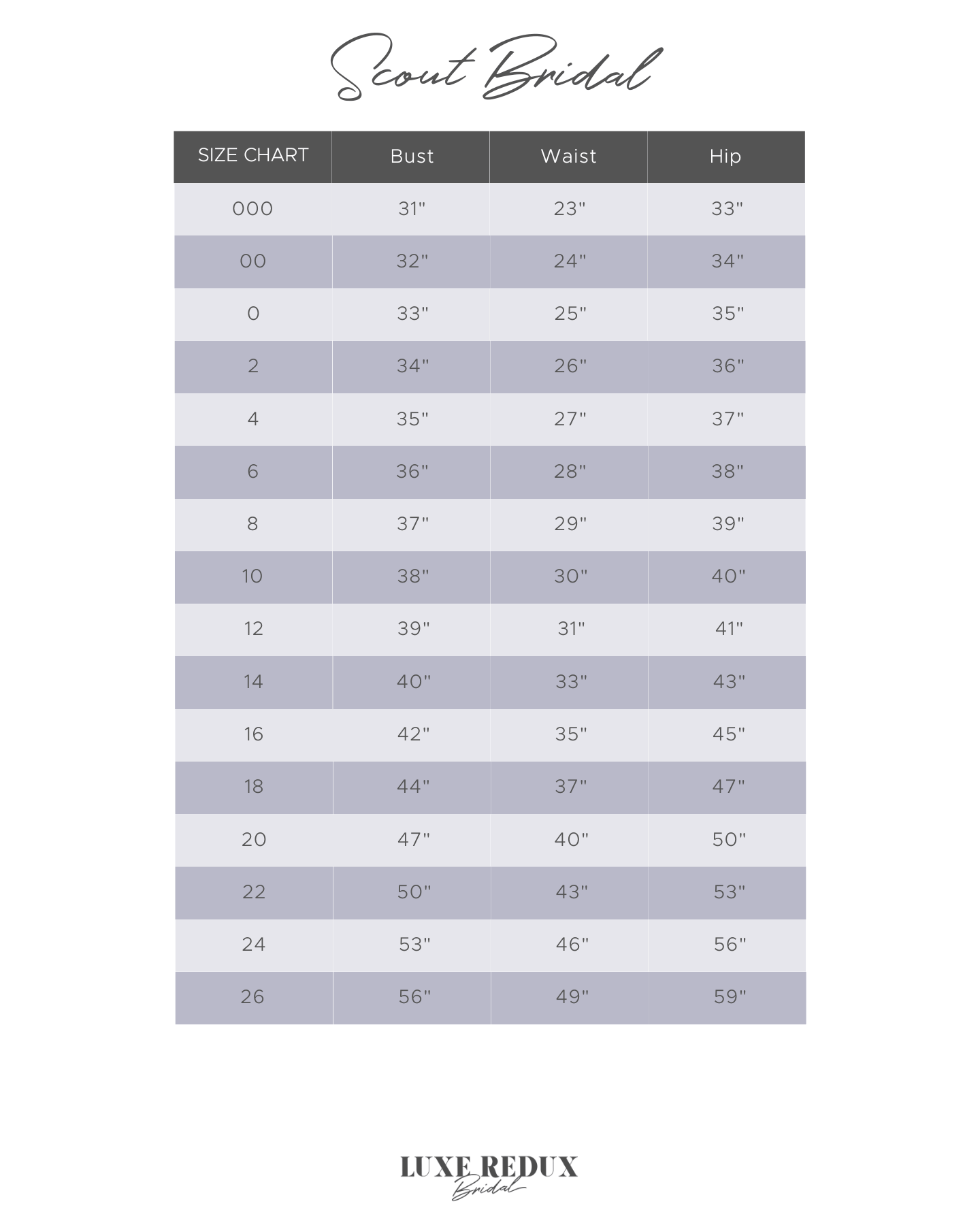 Scout Bridal Lilac - Size 18 Size Chart