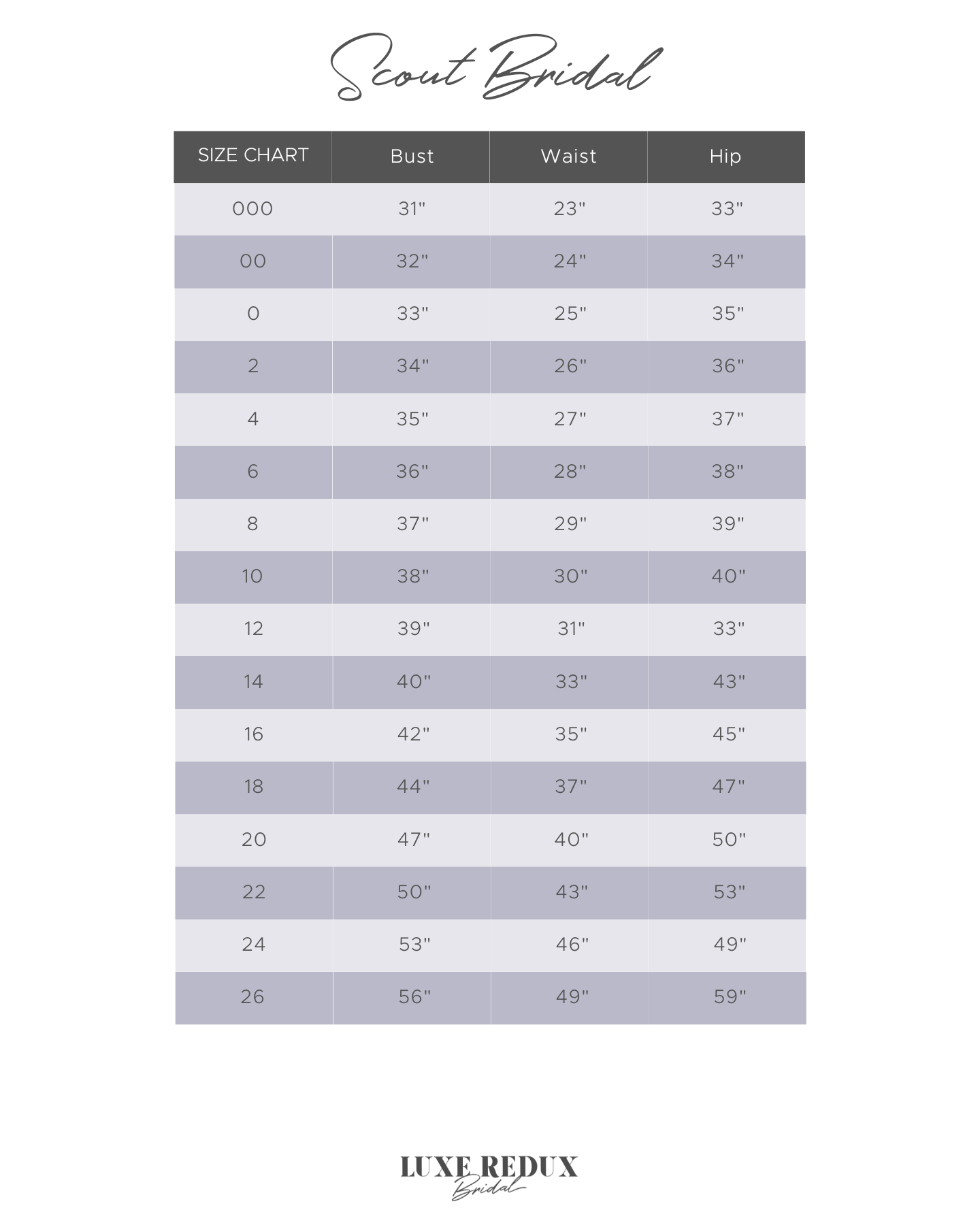 Scout Bridal Breeze - Size 16 Size Chart