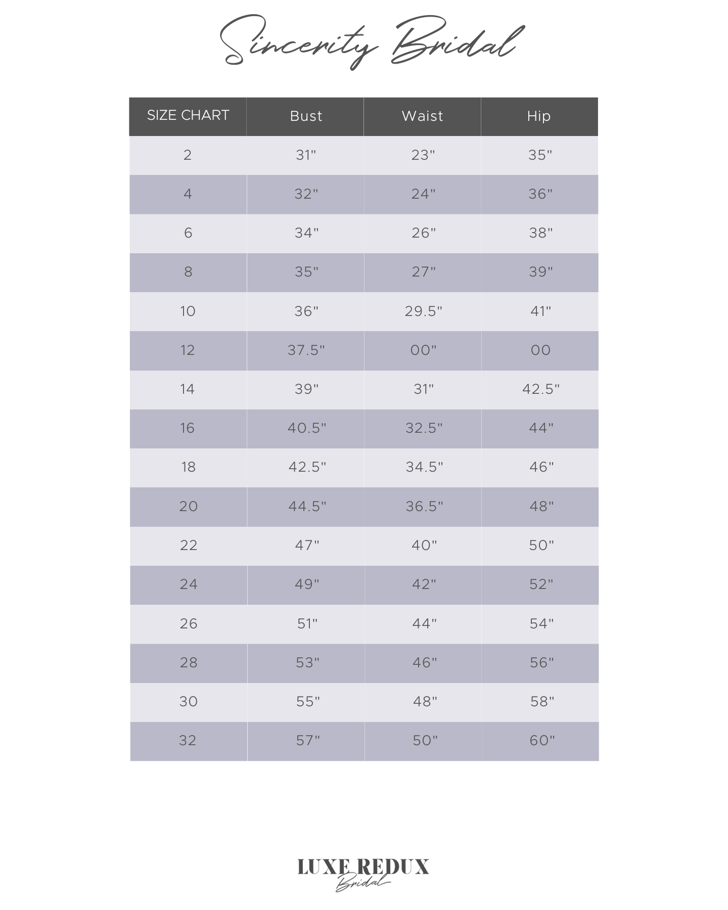 Sincerity Bridal 44394 - Size 20 Size Chart