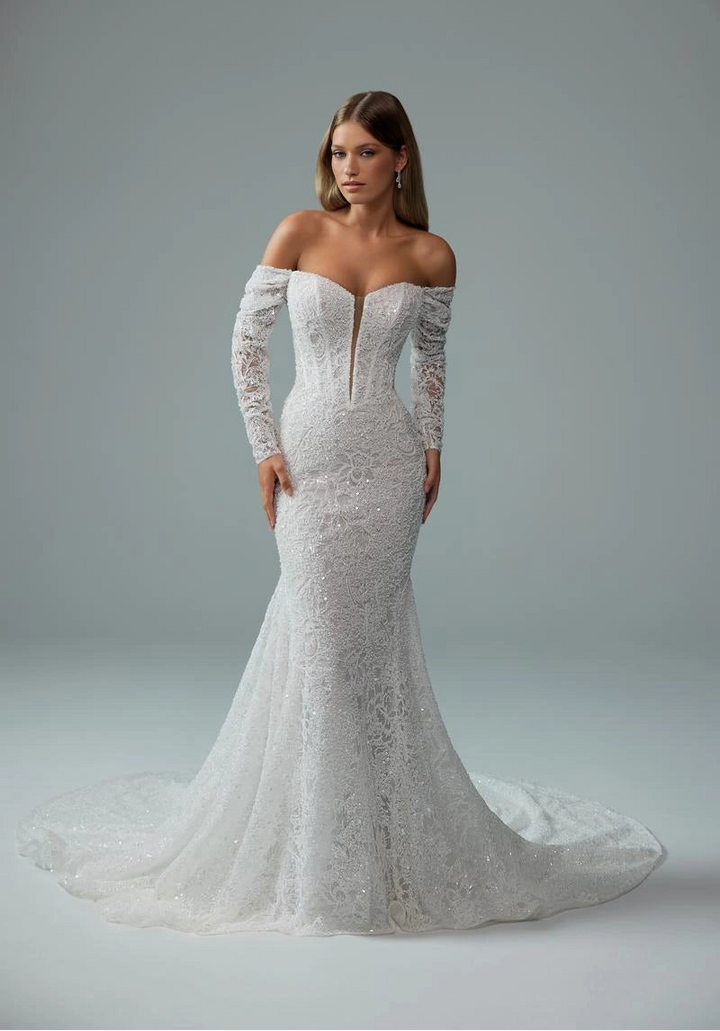full front of sophia tolli premiere st661 ivory beaded lace fit and flare wedding dress featuring a plunge neckline, detachable off the shoulder sleeves, and a flared skirt